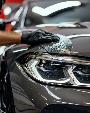 Detailer cleaning a car dashboard and steering wheel